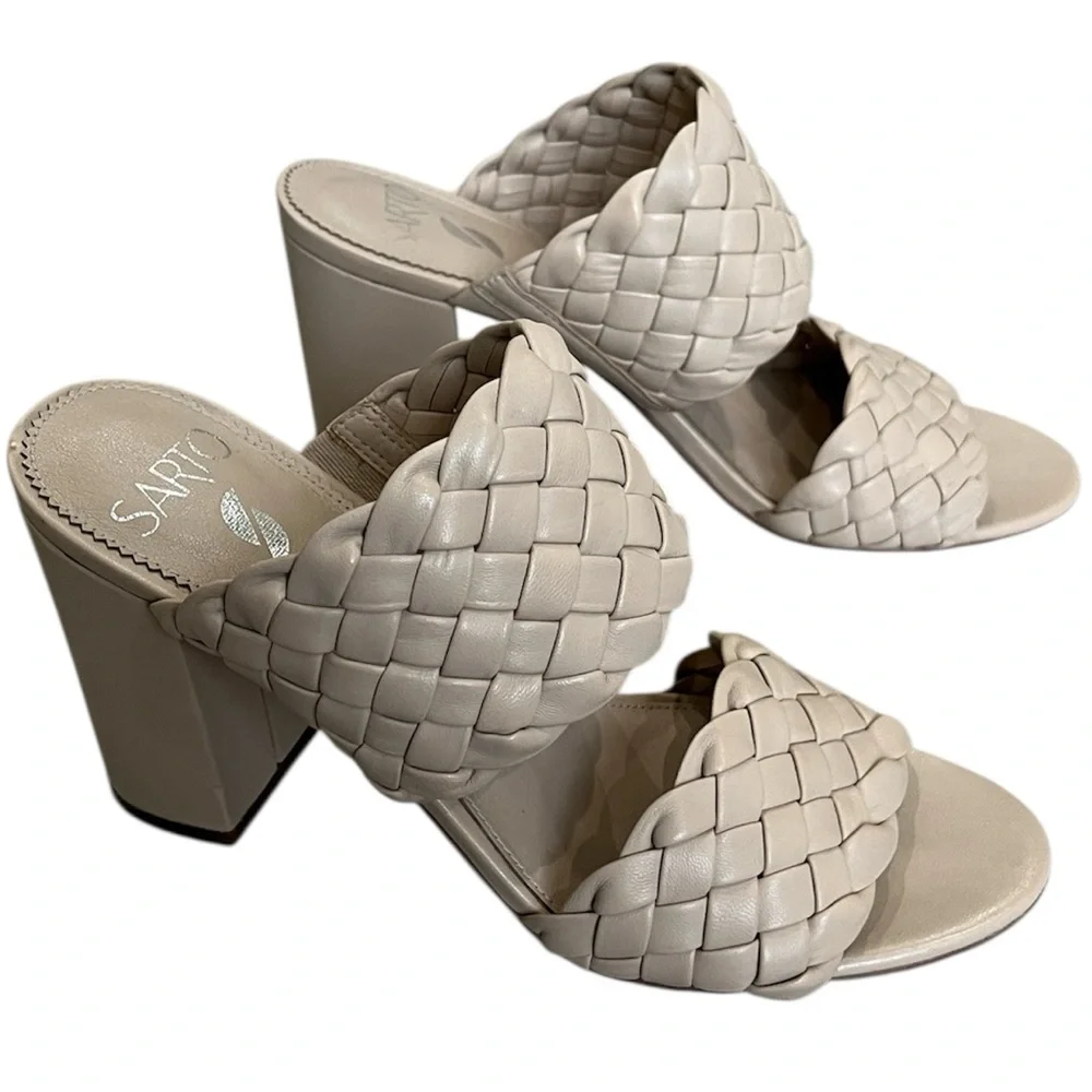 Sarto Braided Block Heel Sandals Beige Leather Womens‎ 7 Wedding Classic Chic